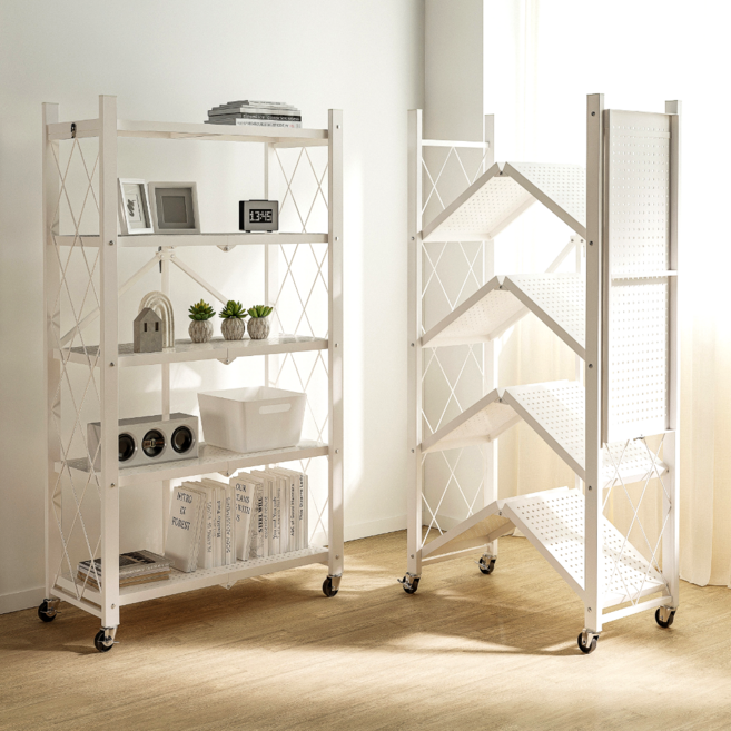 솔리드랙 원터치 접이식 철제 선반 다용도 이동식 폴딩 바퀴선반, 5단, 화이트