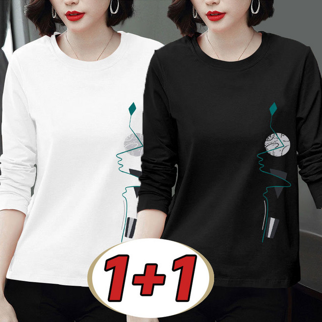 1+1 봄가을 여성 순면 긴팔 티셔츠 오버핏 라운드넥 프린트 티 중년맘 데일리 내의 홈웨어 데일리 티 빅사이즈 긴팔티 오버핏 기본템 목 보호 보온티