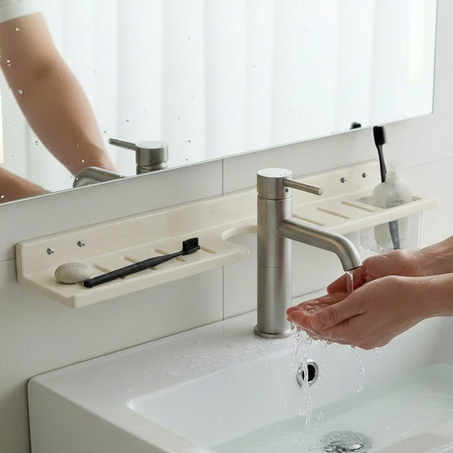 한평한뼘 무타공 세면대 선반 물빠짐 욕실 정리대, 크림, 1개