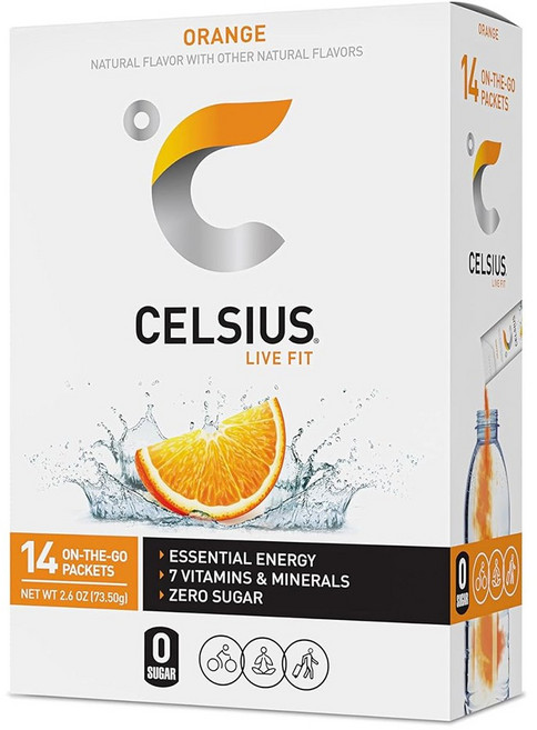 CELSIUS 셀시우스 온-더-고 파우더 스틱 제로슈거 오렌지맛 CELSIUS On-the-Go Powder Stick Zero Sugar, 5.25g