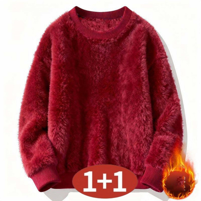 AOKADA 1+1남성 가을 겨울 무지 라운드 보아털 양면 기모 맨투맨 티셔츠