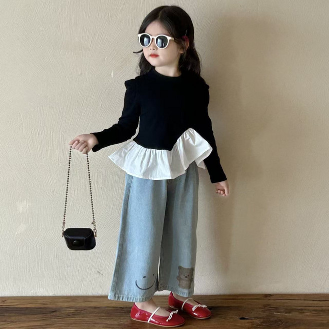 블링래빗 여아용 블랙 프릴 티셔츠 + 청바지 2종 세트 100~140 키즈 주니어 여행룩 촬영복