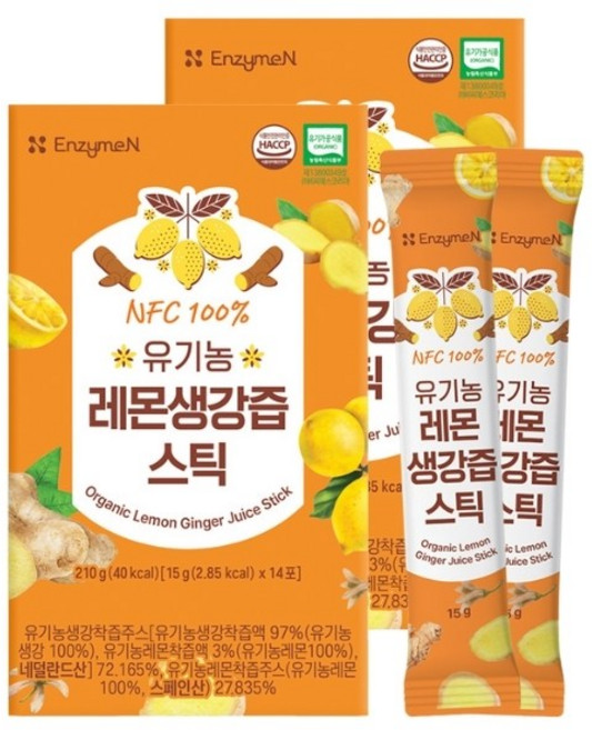 엔자임엔 NFC 100% 유기농 레몬생강즙 스틱 14포, 210g, 2개