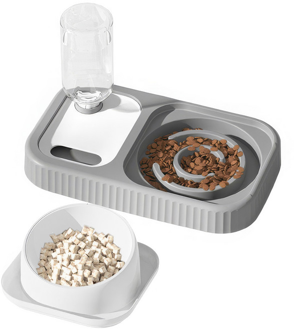 RUNHome 반려동물 대용량 반자동 고양이 강아지 급식기 밥통 물통, 1개, 회색 화이트
