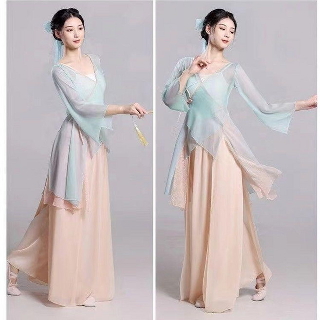 good 褲古典舞演出服裝飄逸紗衣中國舞練功服身韻仙氣雪紡上衣古風, 沁玉蘭紗衣+香檳色褲子