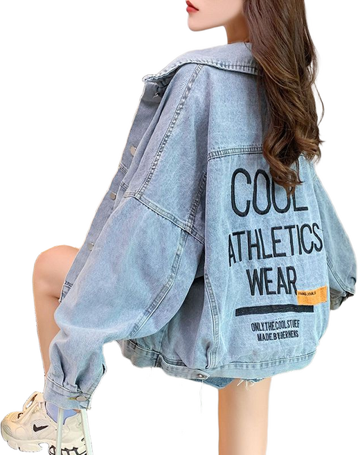 여성용 루즈핏 데님 자켓 레터링 자수 데님 코트 데일리 캐주얼 청자켓