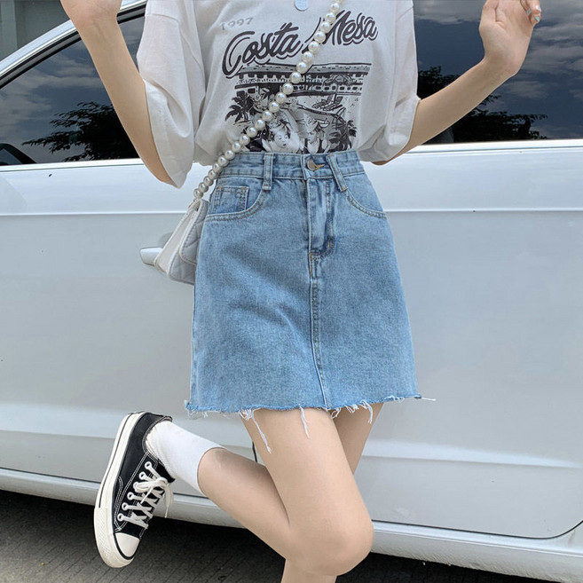 DIU 高腰牛仔短裙女裙夏薄款新款顯瘦毛邊設計a字半身裙子ins風