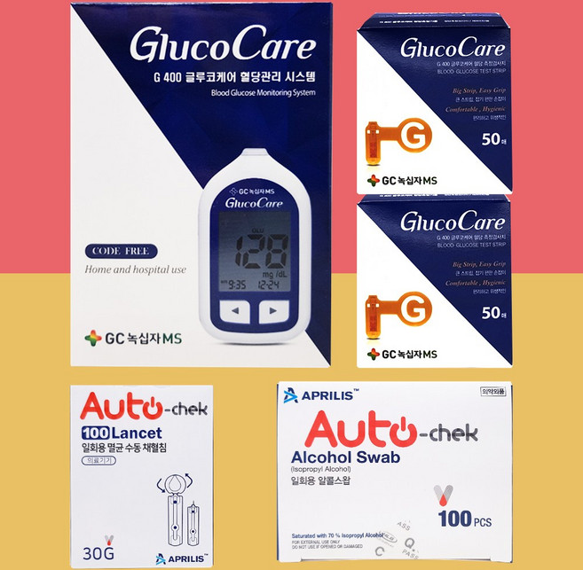 녹십자GC 글루코케어 혈당측정기+당뇨시험지100매+침100개+솜100 당뇨검사키트 (채혈기 포함), 1세트, 글루코케어 혈당기+시험지100매+침100개+솜100매