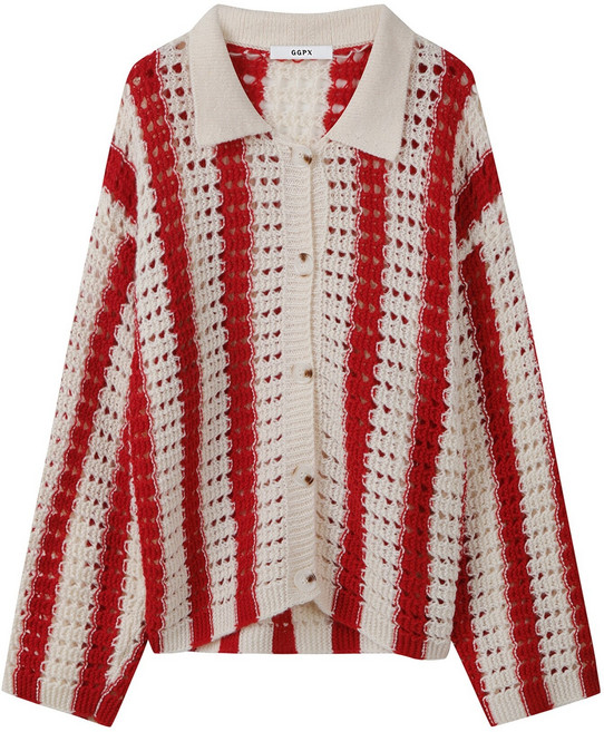 GGPX 세로 스트라이프 카라 펀칭 루즈핏 니트 가디건 (GOCCK008D)