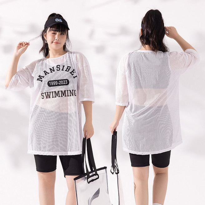 MANSIBEI 大尺碼多件式泳衣 防曬遮肚泳裝 運動休閒款 適合55-100公斤, 【CR975】白色體重70-100KG