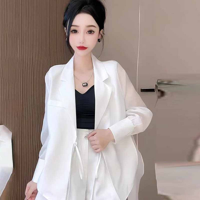 여름 여자 정장 투피스 긴팔 얇은 자외선 차단 정장 상의 와이드 반바지 여성 캐주얼 세트 LCL