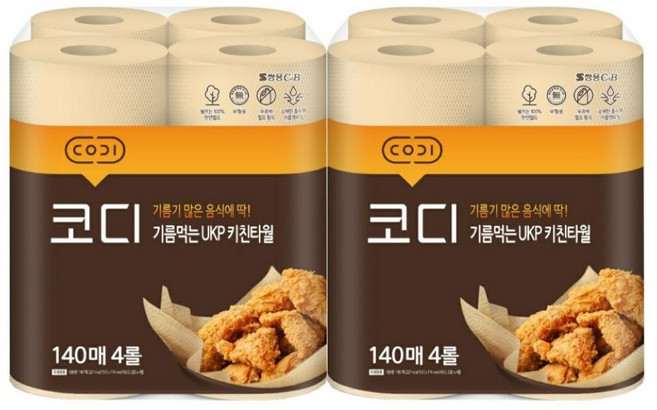 코디 아름드리 기름먹는 천연펄프 키친타올 140매, 4롤, 2개