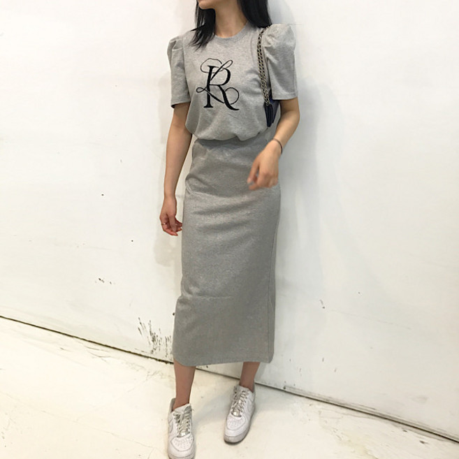 부평데일리 슬림핏 라운드 자수 퍼프 반팔 스커트 롱치마 트레이닝 세트