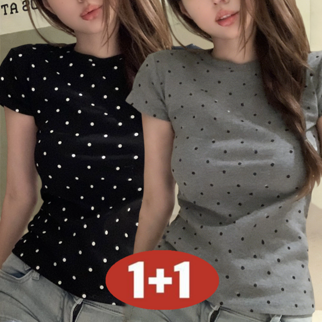 여성용 여름 1+1 특가상품 날씬해 보이는 빈티지 도트무늬 캐주얼 라운드넥 편한 반팔 티셔츠