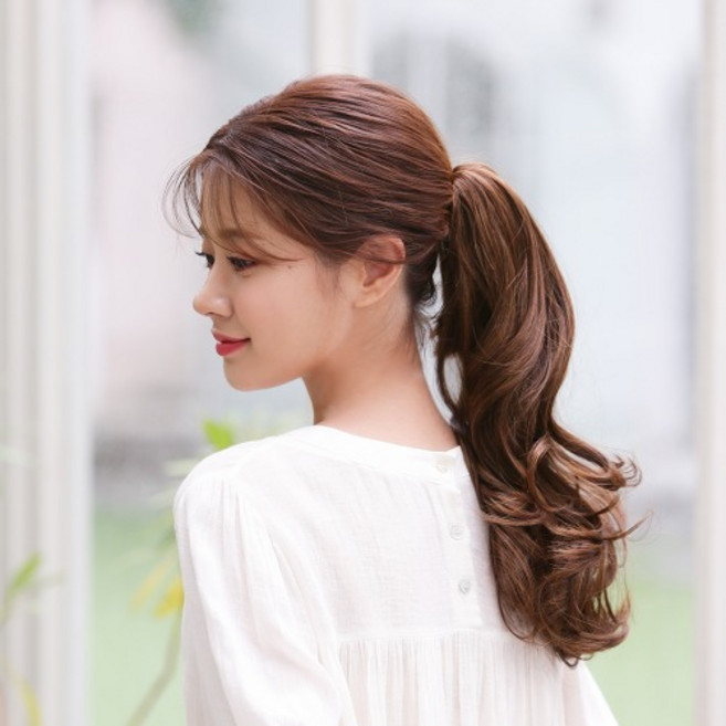 픽앤웨어 여성 세미 롱 레이어드 웨이브 펌 집게핀 포니테일 가발, 내츄럴브라운, 1개