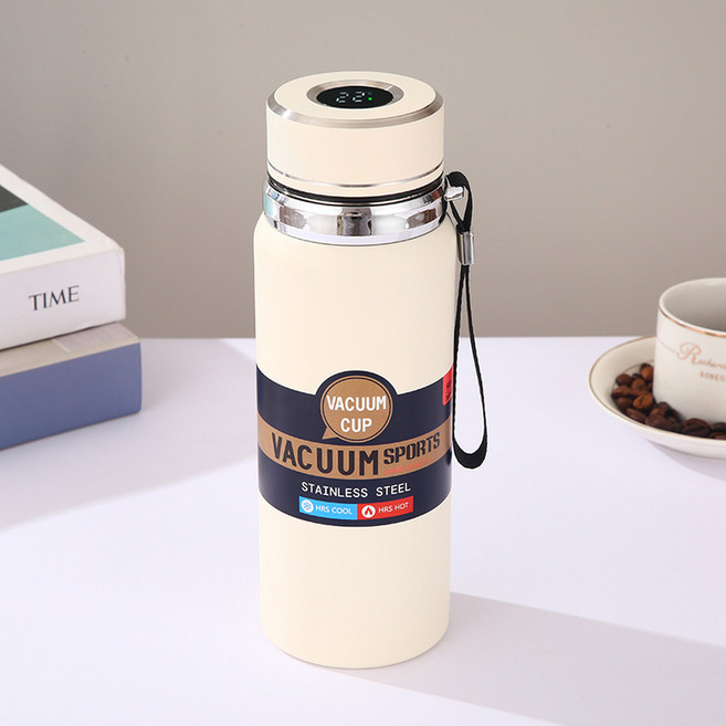 316不鏽鋼真空保溫杯 600ml 大容量 戶外旅行壺, 智慧顯溫白色, 1套, 800L