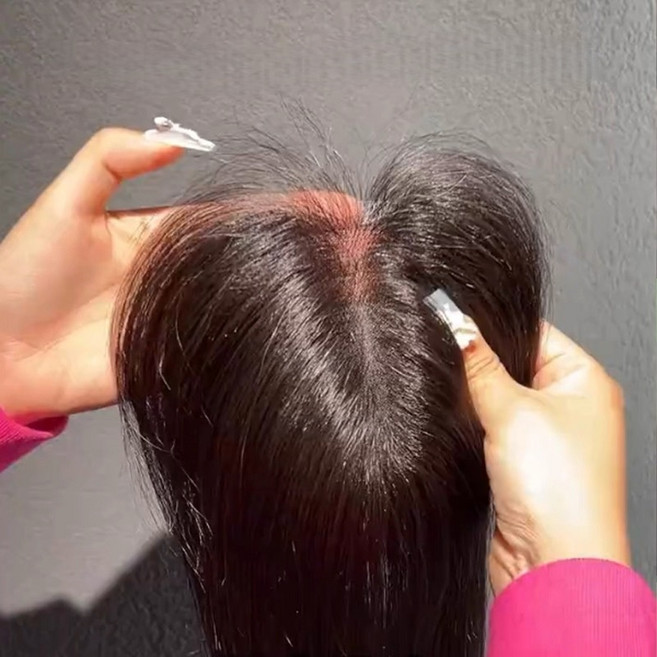 샤일리 여성 앞머리 정수리가발 인모 부분가발, 블랙+가르마 타입, 1개