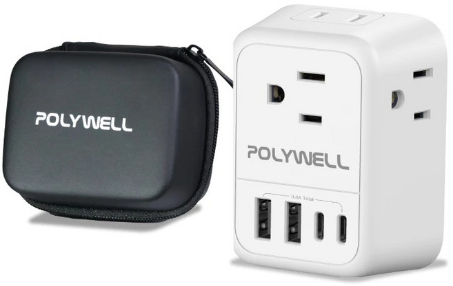 POLYWELL 歐規旅行轉接頭 雙Type-C 雙USB充電孔 附硬殼收納包 韓國轉接插座 OL-519GE 寶利威爾, 圖片色, 1個, 64mm