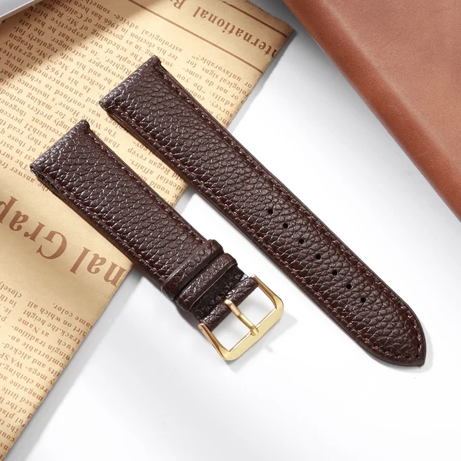 가죽 시계줄 12 14 16 18 20 22 용 스트랩 슬림 손목밴드 메탈 골드 실버 버클 팔찌, 01 Brown-Gold, 04 18