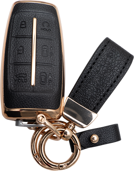 제네시스 호환 G70 G80 GV70 GV80 GV90 차 키 케이스 스마트 키커버 리모컨 키홀더 가죽 스트랩 세트, TL60_KH17(6버튼), (블랙)