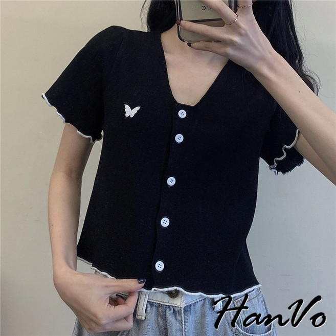 HanVo 蝴蝶刺繡木耳邊排扣上衣 修身顯瘦透氣簡約針織上衣 韓系女裝