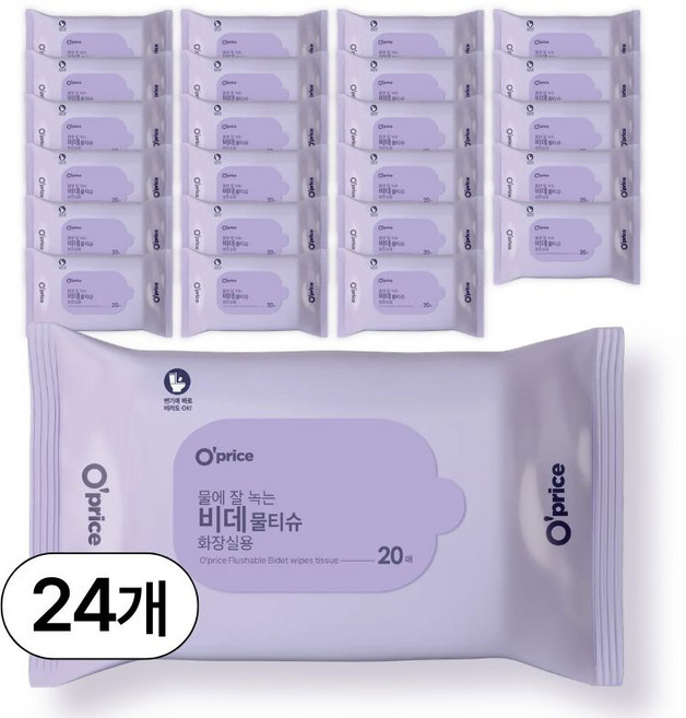 오프라이스 물에 잘 녹는 안심 비데물티슈 (화장실용), 24개, 20매, 60g