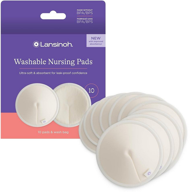Lansinoh 세척 가능한 수유 패드 유기농 대나무 비스코스로 제작 모유 수유를 위한 재사용 가능한 모유 패드 워시 백 포함 모유 수유 필수품 10개, 1개