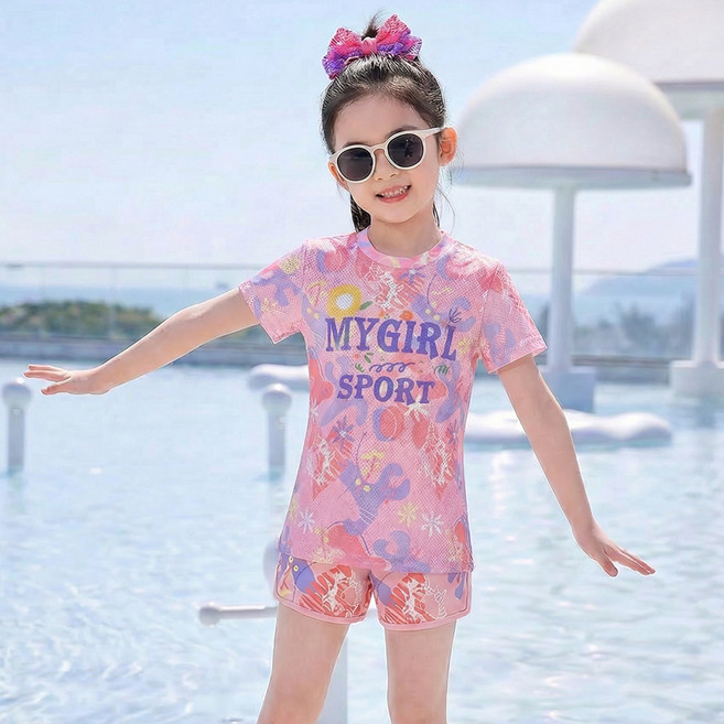 兒童泳衣三件套 女童短袖防曬速乾印花游泳套裝