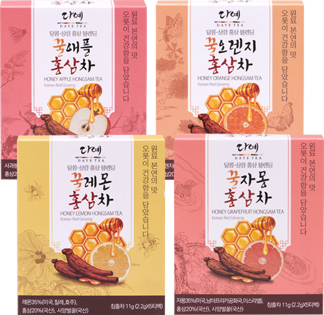 [본사직영] 다예 궁중 꿀홍삼 전통 과일 블렌딩티 20티백 티타임 VIP 탕비실용차 (꿀자몽 홍삼차+꿀오렌지 홍삼차+꿀애플 홍삼차+꿀레몬 홍삼차), 1개, 20개입, 44g
