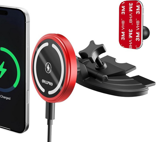 17용 15W MagSafe 자동차 마운트 충전기용 OHLPRO 고속 무선 충전 대시보드용 3M 접착 베이스가 있는 마그네틱 CD 슬롯 홀더 알루미늄 쉘 16 15 14 13, Red