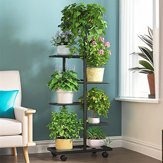 방일 이동식 다층 계단식 다용도 화분선반대, 6단, 블랙