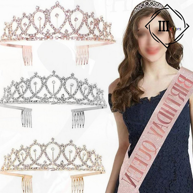 생일어깨띠 생일 파티 미스코리아 어깨띠 왕관 머리띠, 1개, 디크리 골드