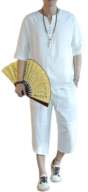 ROYALBELLE 중년 남성 린넨 반팔 티셔츠 린넨 7부팬츠 빅사이즈 캐주얼 상하세트 루즈핏 V32905