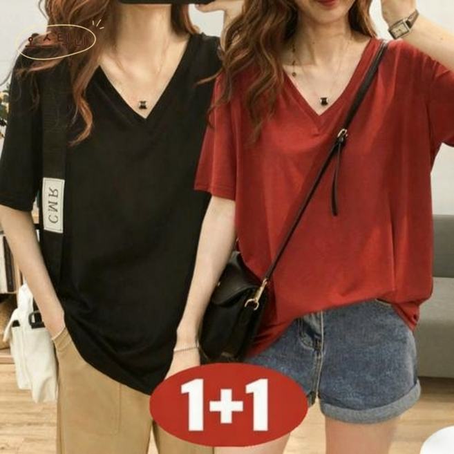 오스틱니 (완전 편한) 150kg까지 빅사이즈 1+1 여성 브이넥 솔리드 일자 티셔츠 반팔 여름 원단좋은 루즈핏 오버핏 날씬해보이는 심플 데일리 패션 기본티 미디티 면 박스티 티