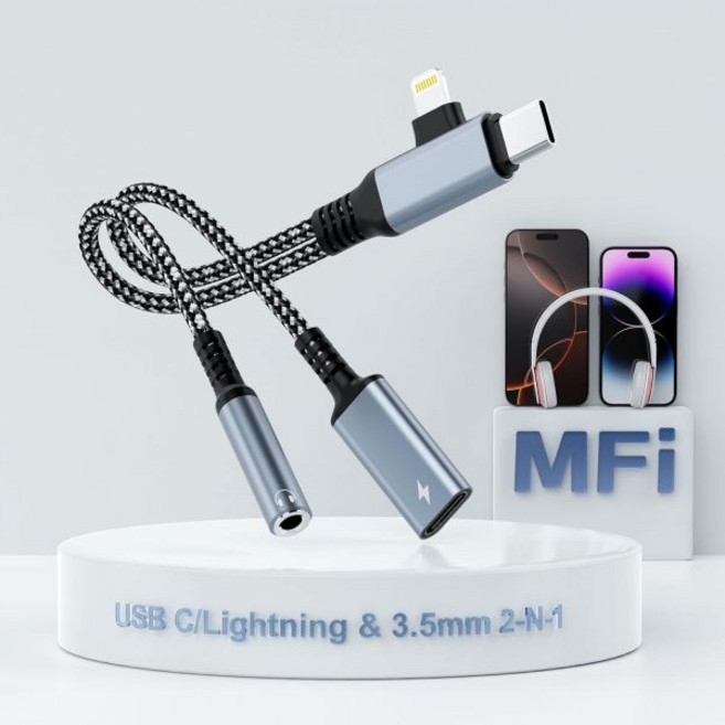 2 in-2 라이트닝 USBC 3.5mm 헤드폰 및 충전기 어댑터 MFi 인증 USB C to Aux 오디오 잭 PD 60W 고속 충전 동글 아이폰 1615 1413용 갤럭시, Blue