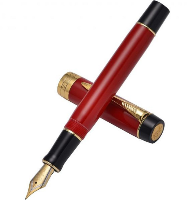 진하오 100 클래식 만년필 빅 레드 마블 셀룰로이드 골드 트림 화살표 클립 컨버터와 펜 케이스 세트가 있는 엑스트라 파인 니브