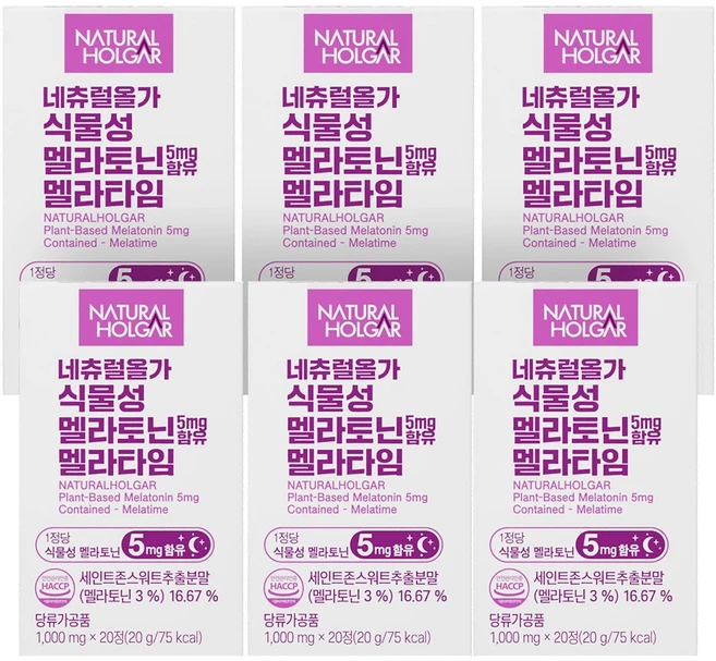 네츄럴올가 고함량 식물성 멜라토닌 5mg 식약청 인증, 6개, 20정 - 쿠팡
