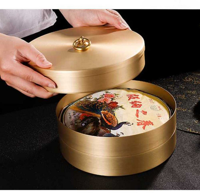 보이차 보관함 원형 케이스 황동 방습 티박스 차 보관, A, 1개