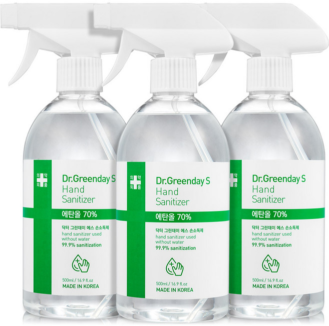 닥터그린데이 대용량 뿌리는 손소독제 스프레이 손세정제 의약외품, 500ml, 3개