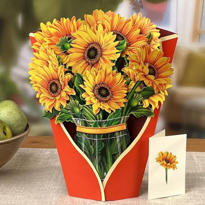 입체 팝업꽃다발 특별한 이벤트카드 3D 팝업 꽃 꽃다발 카드 생일 인사말 수제 나비 아내 엄마 여자 친구 교사 선물을위한 엽서 감사합니다, 12)Big sunflower