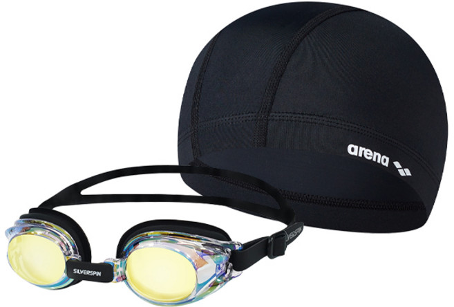 아레나 스판수모 + 실버스핀 아동 미러 수경 SGT-310JM, 수모 BLK + SGT-310JM BK, 1개