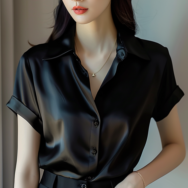 jieve 여성 여름 실크 반팔 블라우스 패션 심플 버튼 장식 셔츠 SY120625