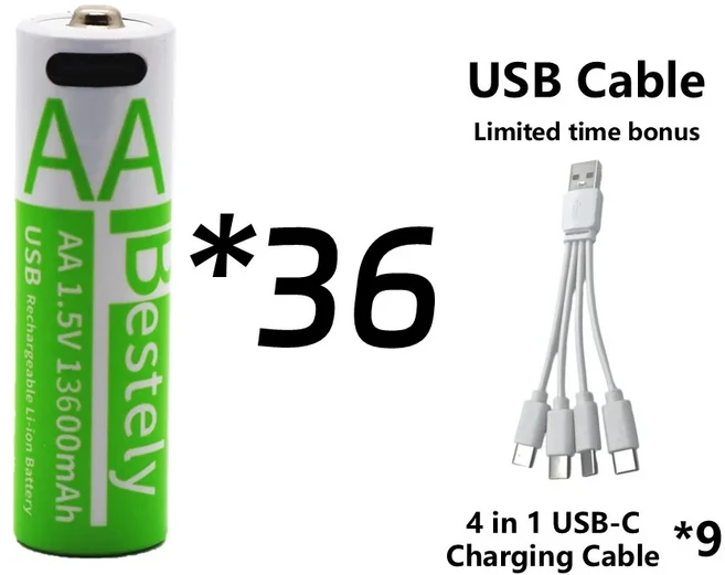오래 지속되는 13600mAh AA 배터리 리모컨 장난감용 USB Type-C 충전 케이블이 포함된 고용량 리튬 이온, 01 1.5V용, 02 36P Battery