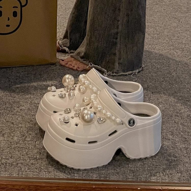 여성 쿠션 경량 통굽 뮬 슬리퍼 키높이 진주 샌들 슬립온