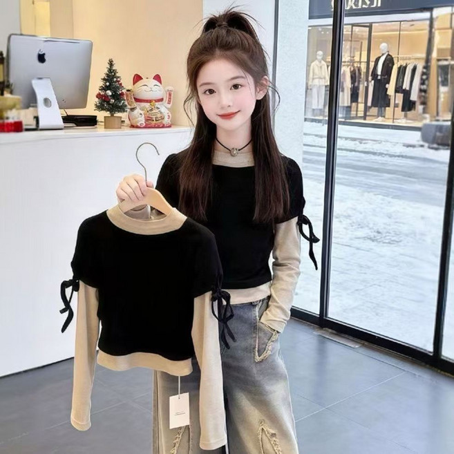 여누키즈 여아용 끈리본 레이어드 티셔츠 120~160 키즈 주니어 봄가을 상의