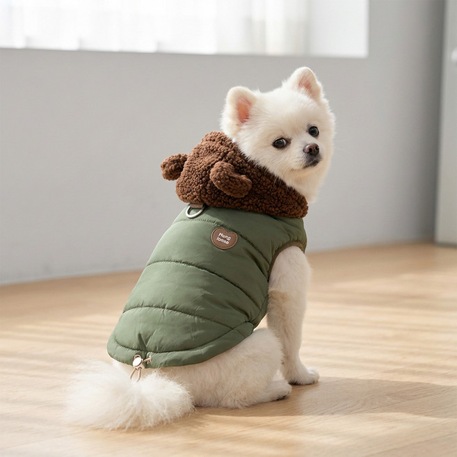 겨울 따뜻한 강아지 패딩 조끼 곰돌이 옷 귀여운 강아지 겨울옷 애견 의류 소형견 중형견용, 1개, 녹색