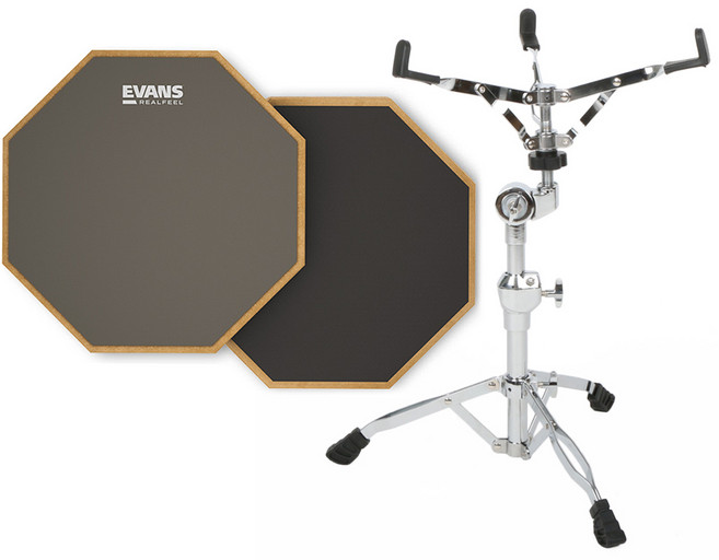 EVANS Real Feel 12인치 양면 드럼 연습패드와 BEAT FINGERS BF-SST2 스네어스탠드 포함 패키지, 1세트, 그레이/블랙 양면 고무판 + 크롬 스네어스탠드, RF12D + BF-SST2