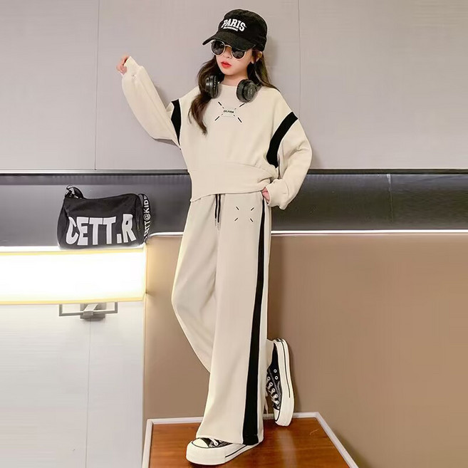 ZPEIZ 여아 봄가을 맨투맨 와이드 팬츠 투피스 캐주얼 코디 세트 긴바지 긴소매 주니어 상하복 세트