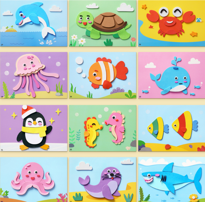 EVA 스티커 유아 만들기 놀이 집콕놀이 어린이 미술놀이 그림그리기 동물스티커 자동차스티커 바다물고기스티커, 12세트, 바다친구들