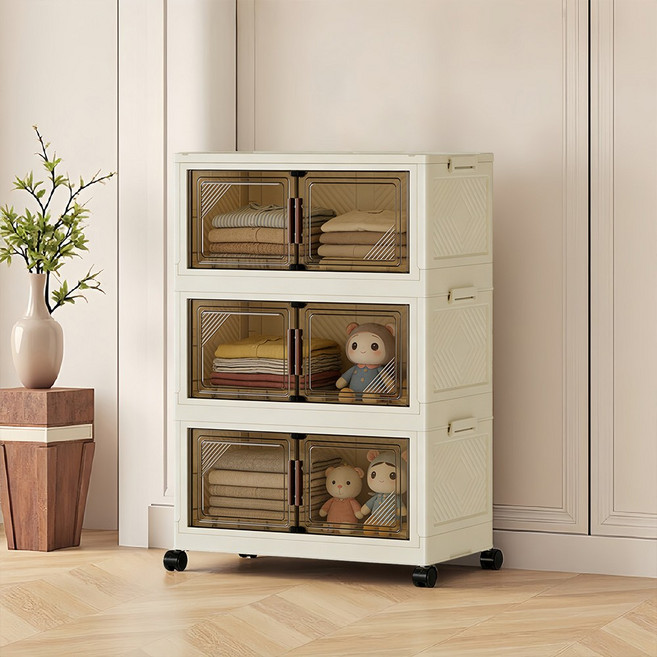 YEAAYE 다용도 대용량 이동식 투명 도어 폴딩 수납 박스 YY2081-3, 웜 브라운